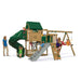 Playstar Summit Gold Playset featuring a spiral tube slide, wooden fort, swings, and climbing wall for creative outdoor fun.