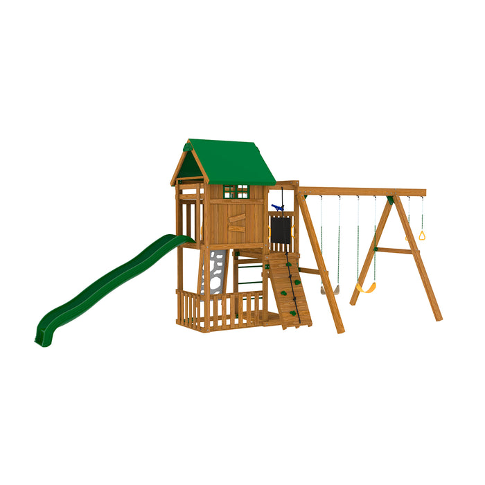 Playstar Summit Silver Playset with green wave slide, climbing wall, and swing set designed for outdoor creative play.