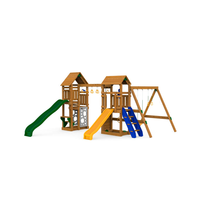 Wooden Playstar Super Star Bronze Playset with dual slides, swing beam, and monkey bar bridge