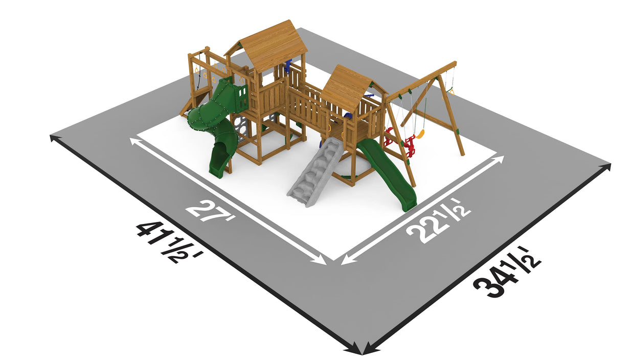 Layout and safety zone dimensions for Playstar Super Star Gold Playset with tube and wave slides
