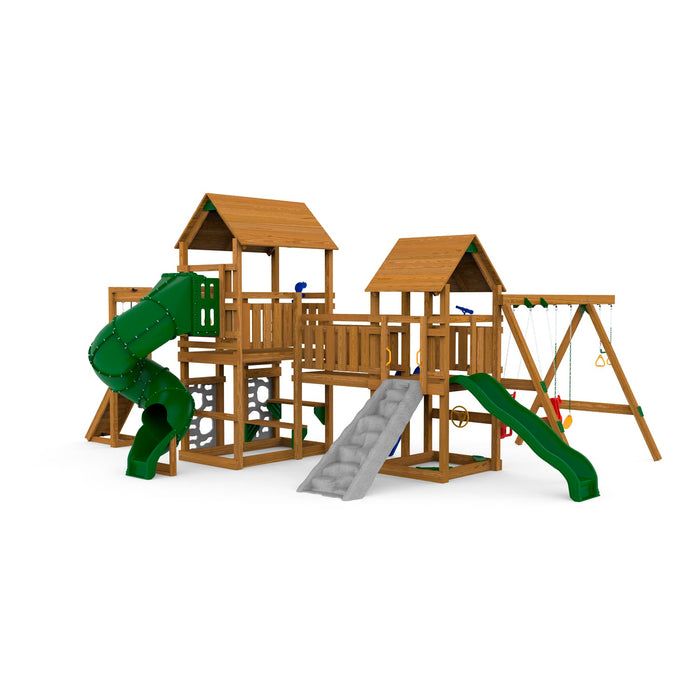 Playstar Super Star Gold Playset featuring dual towers, tube slide, rock wall, and swing beam for backyard fun