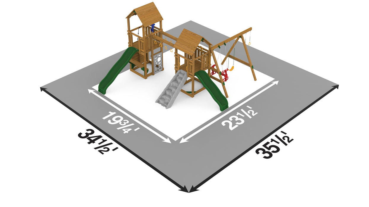 Diagram showing dimensions and safety layout for Playstar Super Star Silver backyard playset
