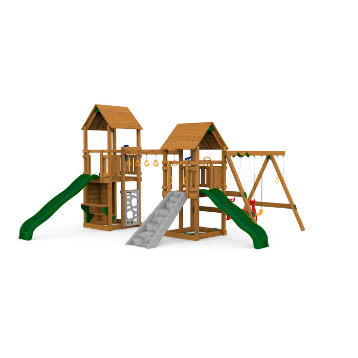 Playstar Super Star Silver Playset featuring two towers, green and blue slides, and swing attachments