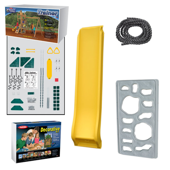 Playstar Trainer Bronze Playset kit showing yellow slide, climbing wall, and rope accessories