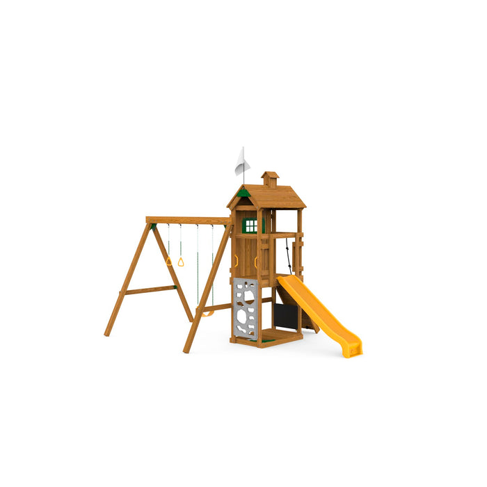 Rear view of the Playstar Trainer Bronze playset featuring climbing wall, ladder, and rope section