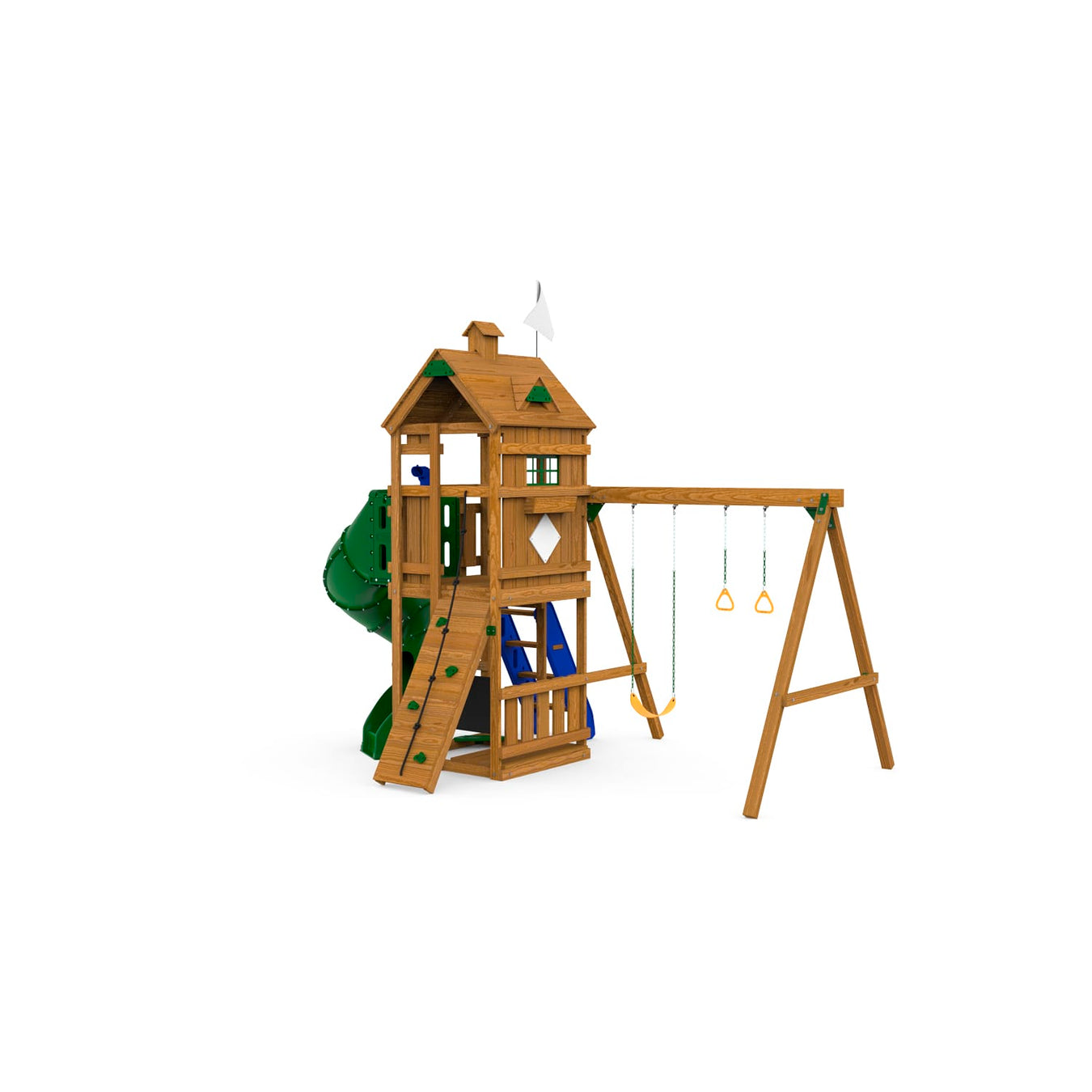 Wooden backyard Playstar Trainer Gold playset with spiral slide, swings, and upper clubhouse
