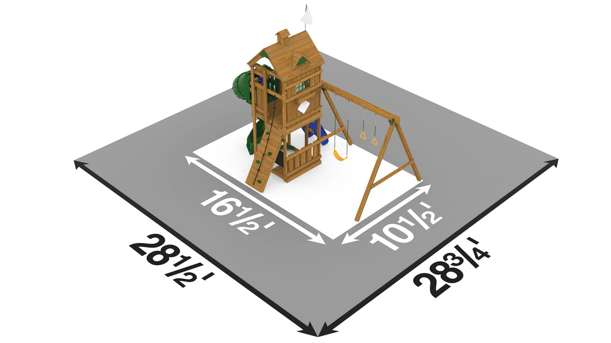 Dimension layout for Playstar Trainer Gold playset showing swing set and deck area measurements