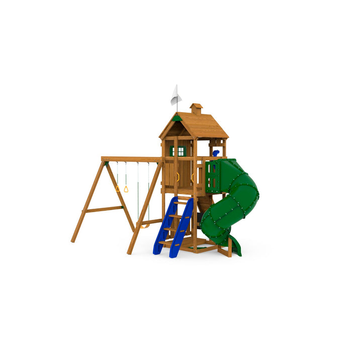 Rear view of Playstar Trainer Gold playset highlighting the green spiral slide and climbing ladder