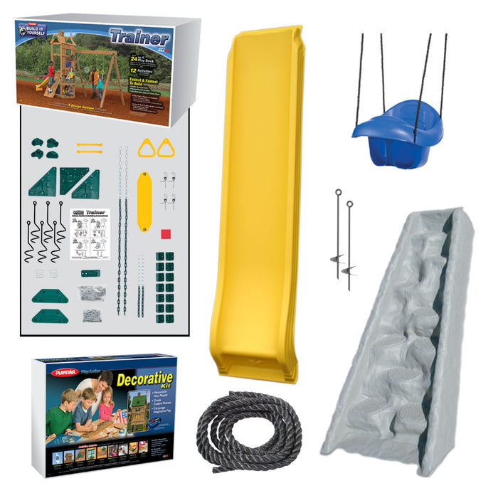 Playstar Trainer Silver Playset kit with yellow slide, rock wall, swings, and hardware components