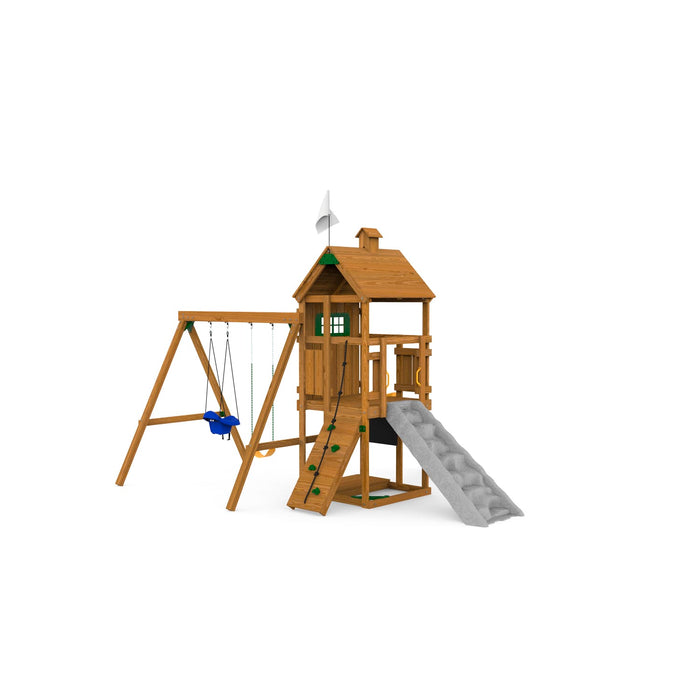 Rear view of Playstar Trainer Silver playset showing rock wall, slide, and play tower