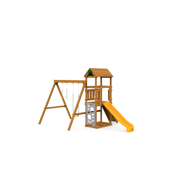 Rear angle of Playstar Trainer Starter playset showing climbing wall, ladder, and swing beam