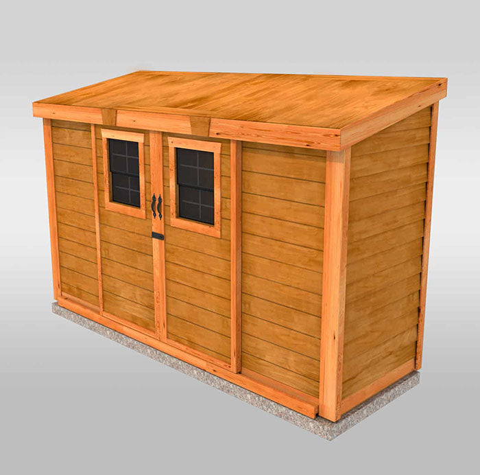 A rendered image of the Outdoor Living Today Spacesaver Outdoor Storage Shed 12x4 with sliding doors