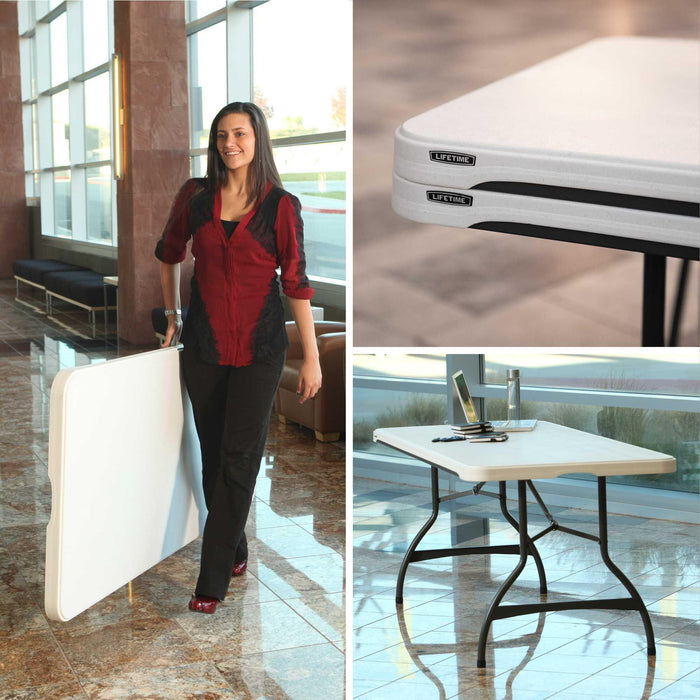 Woman carrying folded Lifetime 4 Pack 6-Foot Rectangle Nesting Table with close-up of stacked tabletop edge