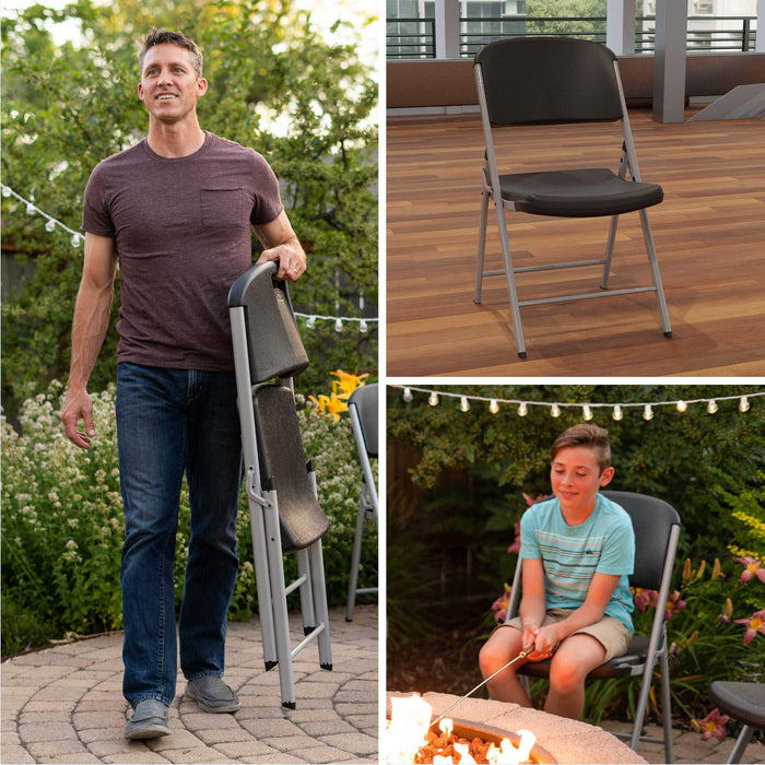 Man carrying Lifetime folding chair outdoors and child seated by fire pit showing lightweight portable design for backyard gatherings