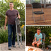 Man carrying Lifetime folding chair outdoors and child seated by fire pit showing lightweight portable design for backyard gatherings