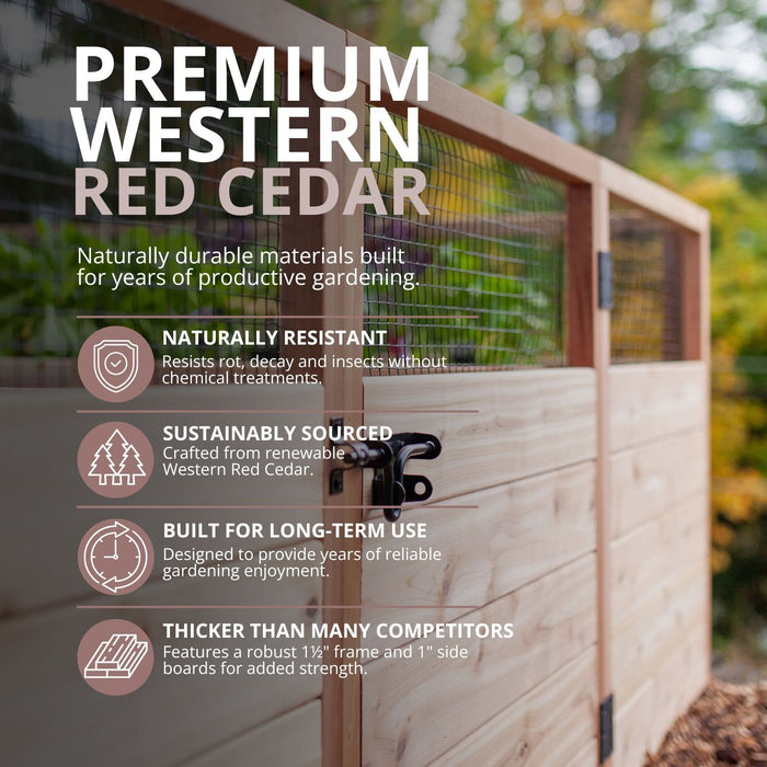 Close-up of rot-resistant western red cedar boards, mesh panel and black gate latch on the Outdoor Living Today 8×12 Garden in a Box.