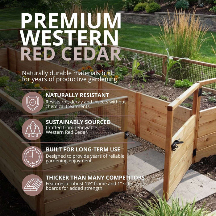 Outdoor Living Today Garden in a Box 8 x 16 crafted from Western Red Cedar, showing its 1½-inch frame, wire mesh fencing and hinged cedar access gate.