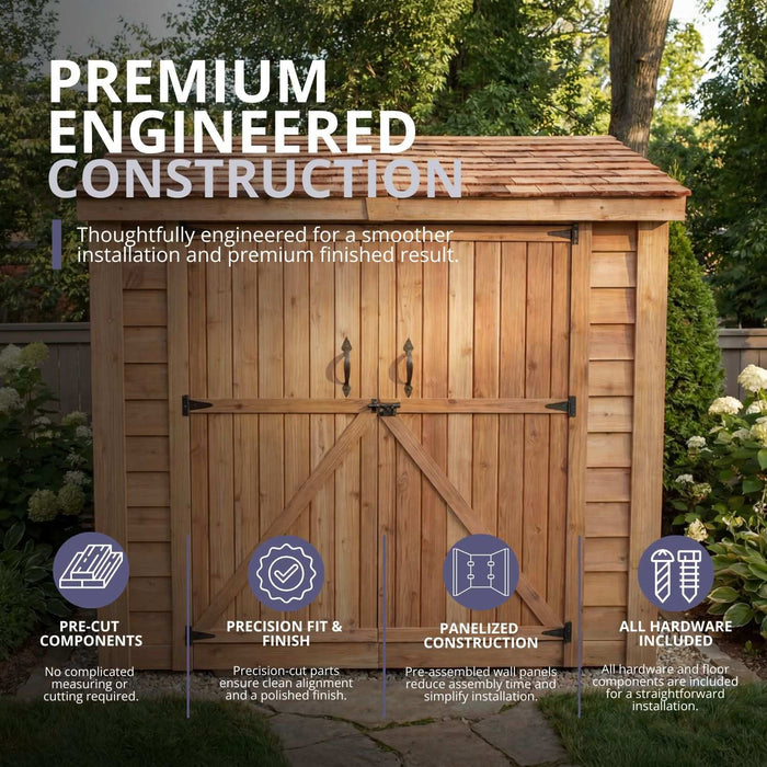 Close-up detail of the cedar double doors on the Outdoor Living Today SpaceSaver 8x4 storage shed.