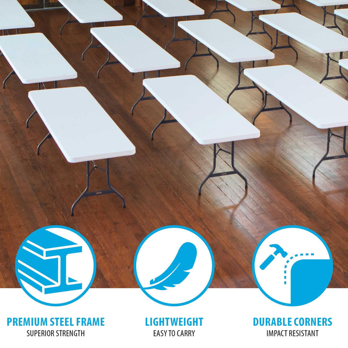 Multiple Lifetime 4 Pack 8-Foot Rectangle Folding Tables showing premium steel frame, lightweight build, and durable corners