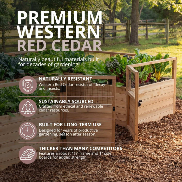 Rot-resistant western red cedar panels, wire mesh deer fencing and a latched gate on a 12×8 raised bed of chard and greens by a pasture fence.