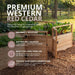 Rot-resistant western red cedar panels, wire mesh deer fencing and a latched gate on a 12×8 raised bed of chard and greens by a pasture fence.
