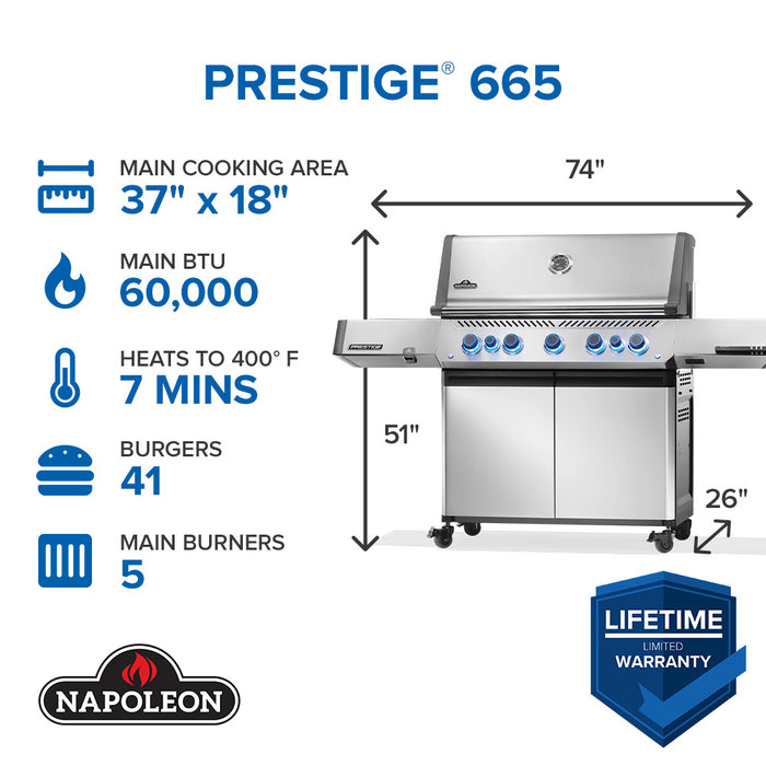 Diagram of Napoleon Grills Prestige® 665 RSIB showing size, BTU, and capacity stats