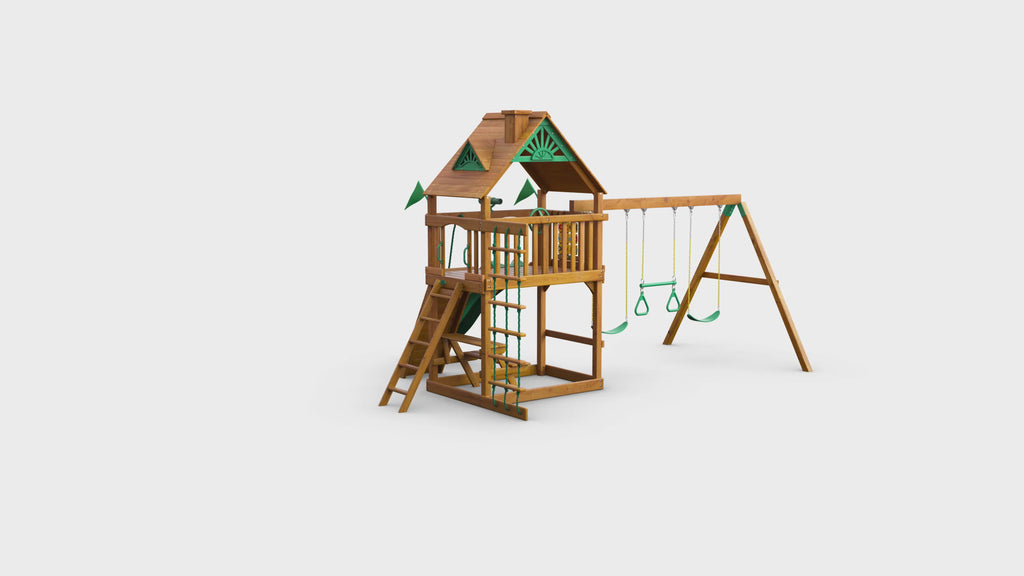 360 video of the Gorilla Playsets Chateau Swing Set Wood Roof