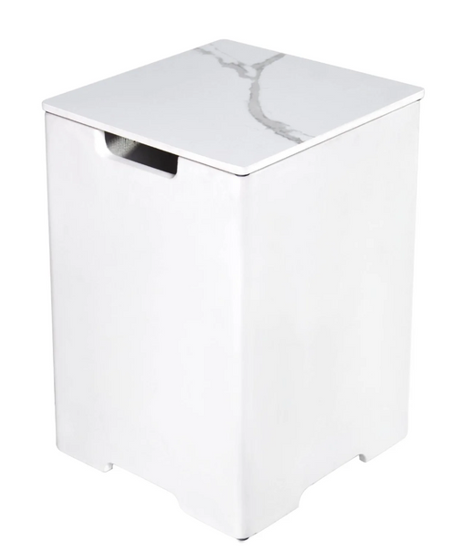 Close-up of the Elementi Plus Square Concrete Tank Cover in Bianco White with a marble-style top.