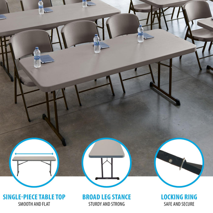 Single piece tabletop and locking ring detail of Lifetime 4 Pack Professional Folding Table putty color