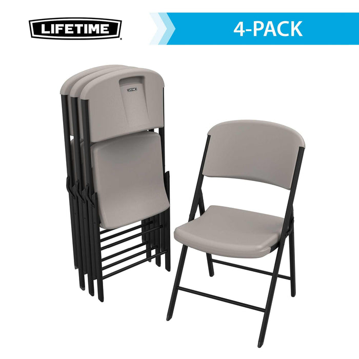 Lifetime 4-Pack Classic Folding Chair in putty color shown stacked and one chair open with black steel frame