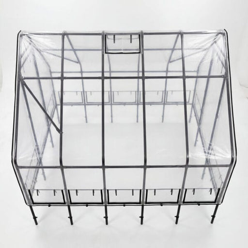 Back view of raised garden bed greenhouse cover showing ventilation window and frame structure