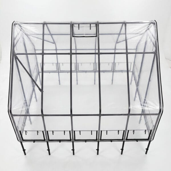 Back view of raised garden bed greenhouse cover showing ventilation window and frame structure