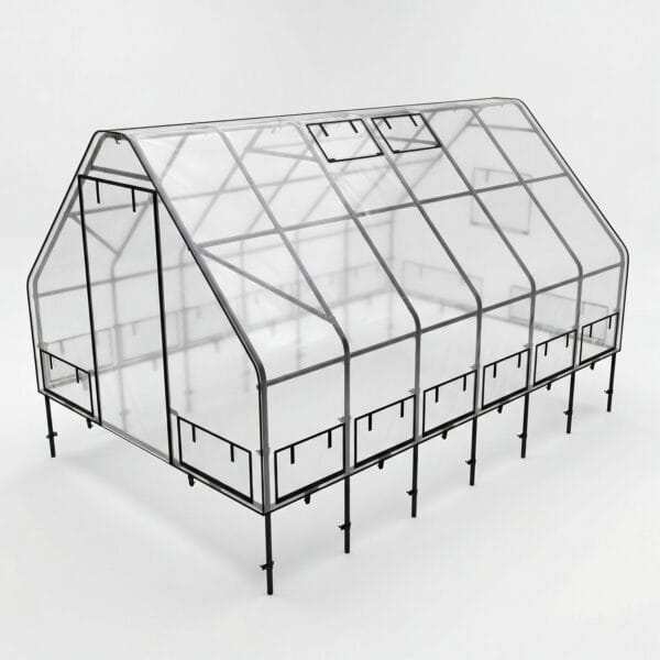 Large raised garden bed greenhouse cover with clear panels and elevated metal legs
