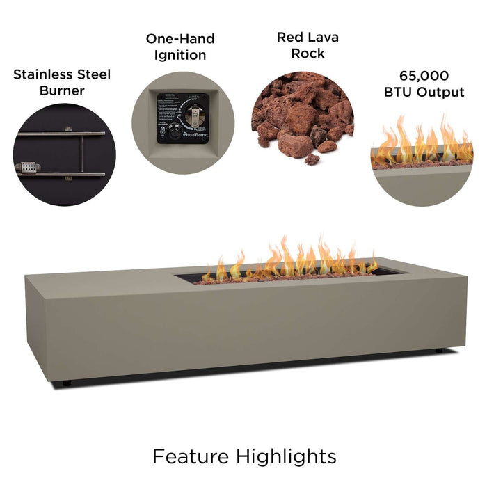 Real Flame Aegean 75 propane fire table mist gray features infographic