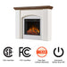Real Flame Anika electric fireplace mantel in white with CSA certified, FCC certified, 1-year limited warranty, and automatic safety shut-off badges displayed below