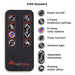Real Flame Anika electric fireplace remote control with labeled features: power, 5 flame brightness levels, 6 color options, timer, ambient light, thermostat, glowing ember effect