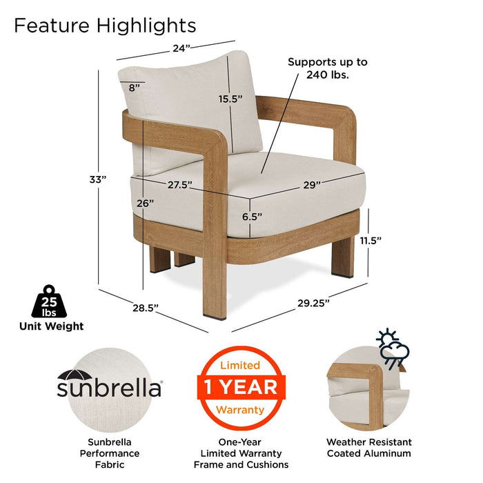 Feature highlights of the Real Flame Arlo Outdoor Seat Sofa including weight capacity, Sunbrella fabric, 1-year warranty, and weather-resistant aluminum frame.
