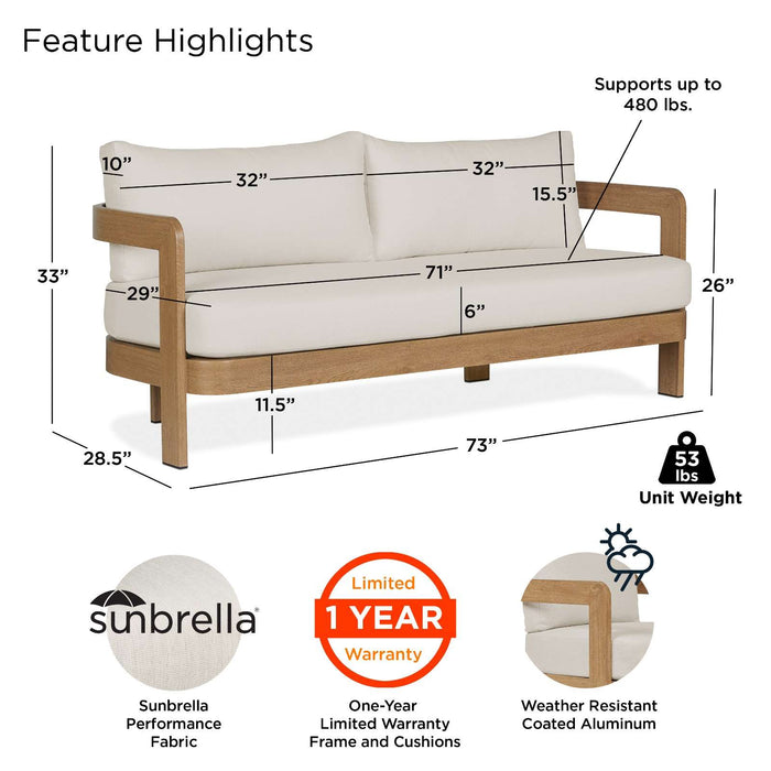 Feature highlights of the Real Flame Arlo Outdoor Seat Sofa with Cushions including weight capacity, Sunbrella fabric, warranty, and weather-resistant aluminum frame.