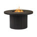 Real Flame Calvin 44" Round Propane Fire Pit Table in black with tall open flames and lava rocks, fluted cylindrical aluminum base, on a clean white background