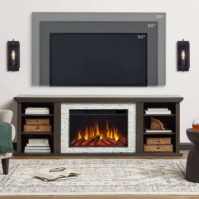 Real Flame Kenai electric fireplace TV stand shown in living room with overlay graphic comparing compatible TV sizes: 50, 60, and 70 inches