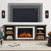 Real Flame Kenai electric fireplace TV stand shown in living room with overlay graphic comparing compatible TV sizes: 50, 60, and 70 inches