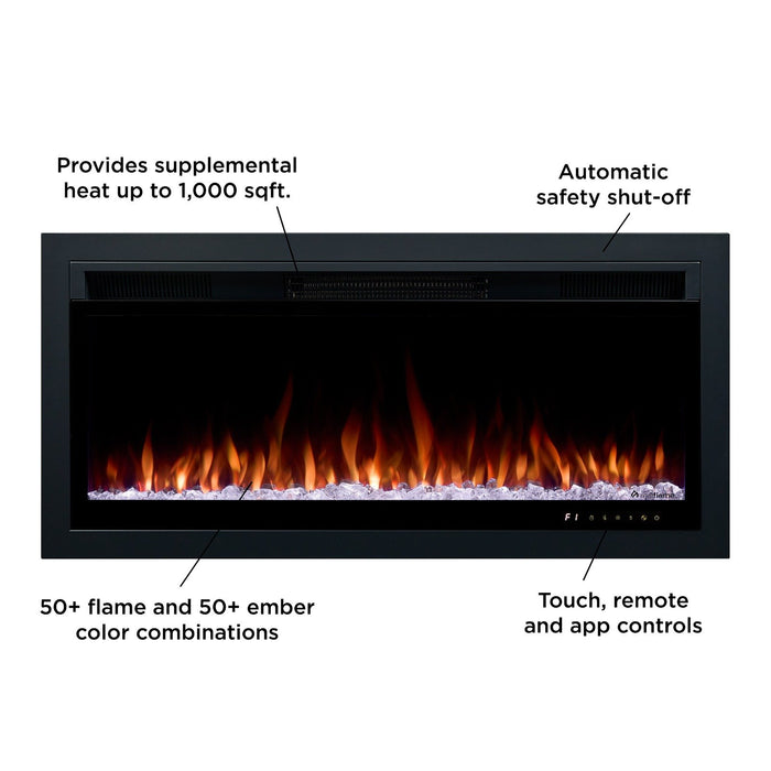 Real Flame Malie firebox insert callout detail showing LED flame and log set close up