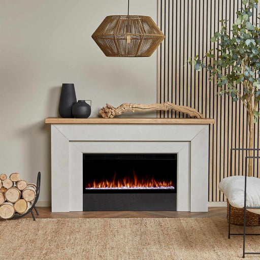 Real Flame Malie landscape electric fireplace mantel in main lifestyle setting showing full unit