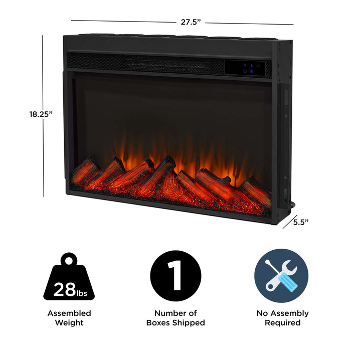 Real Flame Marshall Slim Electric Fireplace insert shown with dimensions 27.5W x 18.25H x 5.5D inches, 28 lbs, no assembly required