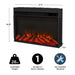 Real Flame Marshall Slim Electric Fireplace insert shown with dimensions 27.5W x 18.25H x 5.5D inches, 28 lbs, no assembly required