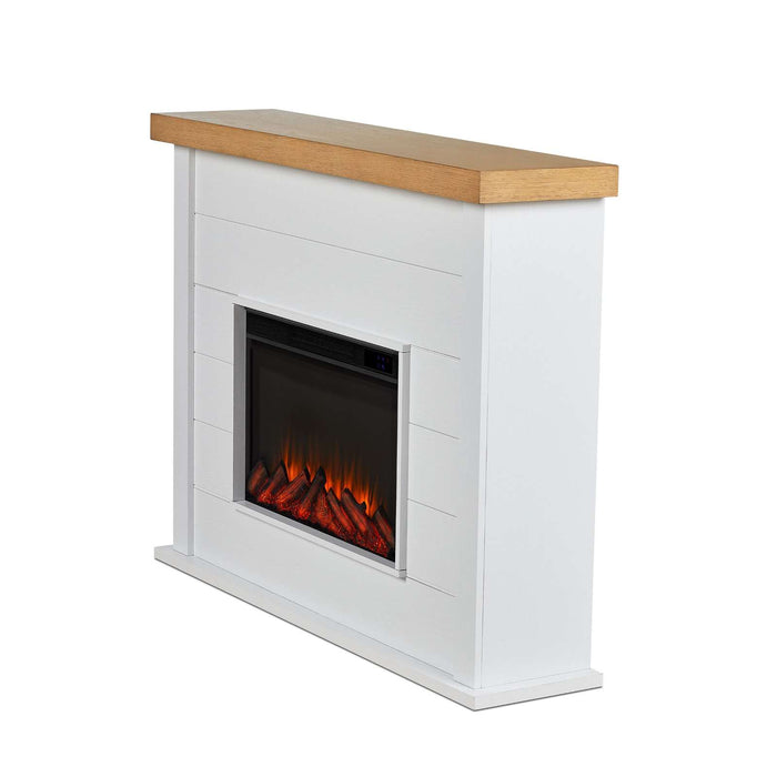 Side angle view of Real Flame Marshall Slim Electric Fireplace in white showing slim profile depth, shiplap surround, oak mantel top, and orange flame firebox