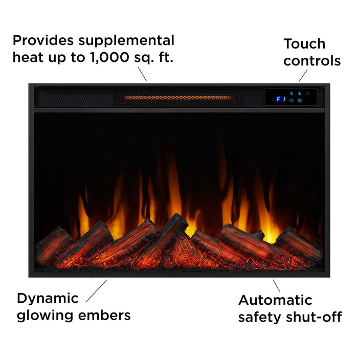 Real Flame Marshall Slim firebox close-up highlighting touch controls, 1000 sq ft heat output, dynamic glowing embers, and automatic safety shut-off