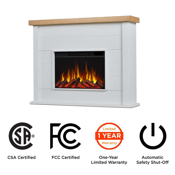 Real Flame Marshall Slim Electric Fireplace in white showing CSA certified, FCC certified, 1-year limited warranty, and automatic safety shut-off icons