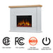Real Flame Marshall Slim Electric Fireplace in white showing CSA certified, FCC certified, 1-year limited warranty, and automatic safety shut-off icons