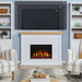 Real Flame Marshall Slim Electric Fireplace in white living room showing compatible TV sizes 50, 60, and 70 inches mounted above oak mantel with built-in bookshelves